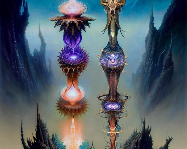 Image similar to the tower tarot card, fantasy character portrait made of fractals facing each other, ultra realistic, wide angle, intricate details, the fifth element artifacts, highly detailed by peter mohrbacher, hajime sorayama, wayne barlowe, boris vallejo, aaron horkey, gaston bussiere, craig mullins