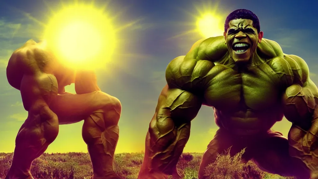 Image similar to a war between 1000s of (Bodybuilder)Obama Hulks and the Sun by Beeple, 4K