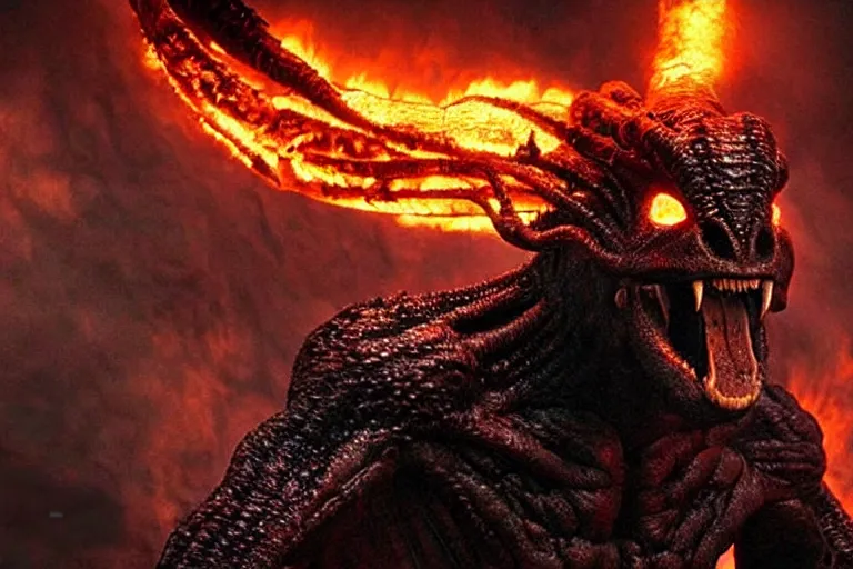 Image similar to movie still, enormous balrog roaring fire at the bridge of khazad - dum, style of h. r. giger, fiery, dark, realistic movie still, cinematic, cgi,