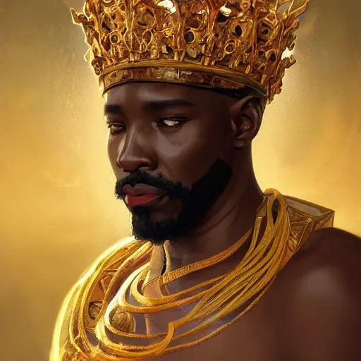 Image similar to an african wise king with a crown of golden flower petals, kemetic, D&D, fantasy, intricate, elegant, highly detailed, digital painting, artstation, concept art, matte, sharp focus, illustration, art by Artgerm and Greg Rutkowski and Alphonse Mucha