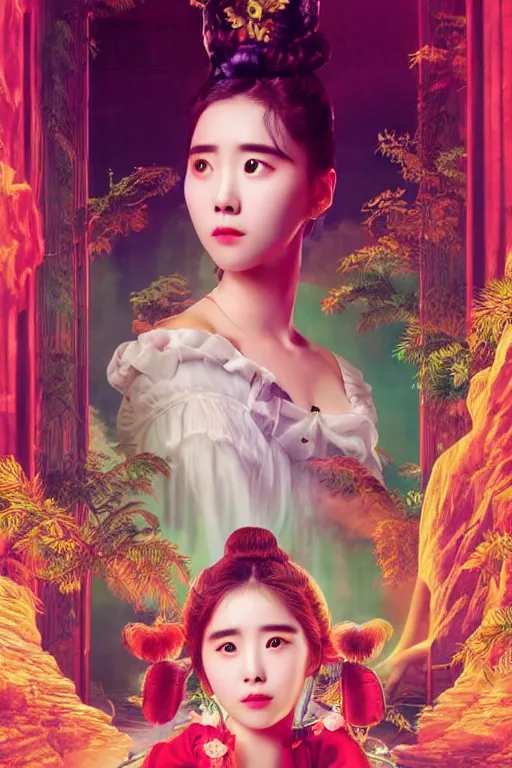 Prompt: portrait of IU from Hotel del Luna, vaporwave mixed with Victorian era aesthetic, masterpiece, set on Antelope canyon