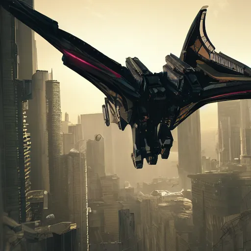 Image similar to photorealistic, long shot, robot mecha pterodactyl flying over a city, cyberpunk, daylight