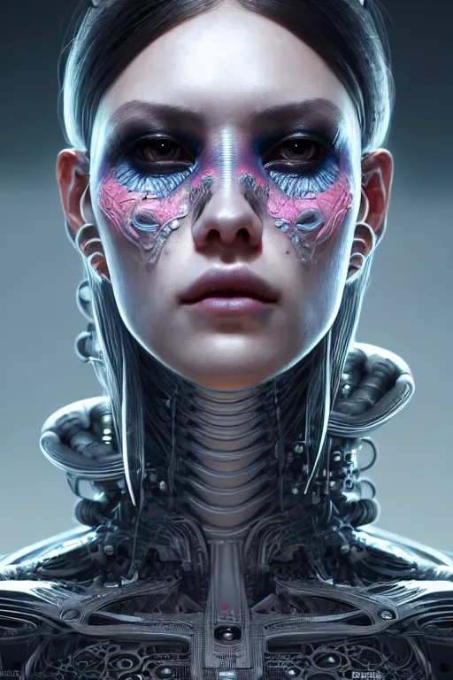 Image similar to ultra detailed side portrait of female android, sharp focus, sci - fi, fantasy art, digital illustration, dia de los muertos. octane render, unreal engine, global illumination, intricate detailed. concept art. art by artgerm and wlop and giger and greg rutkowski and rossdraws and alphonse mucha, 8 k