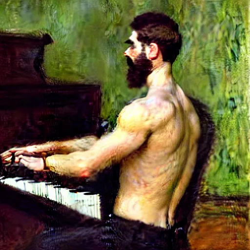 Image similar to attractive man playing piano, painting by tom of finland, john william waterhouse, claude monet