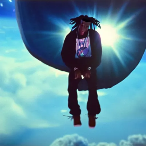 Prompt: Travis Scott floating over Earth, 4k, Aubrey Powell, vintage photo, beautiful cinematography, surreal, film grain