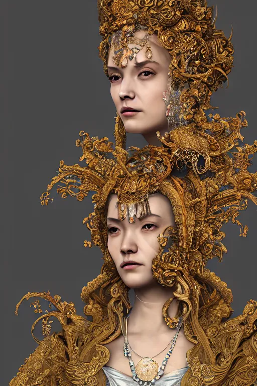 Image similar to a beautiful empress portrait, with a brilliant, impossible striking big organic matter subsurface scattering material headpiece, clothes entirely made out of organic subsurface scattering material, symmetrical, dramatic studio lighting, rococo, baroque, jewels, asian, hyperrealism, closeup, D&D, fantasy, intricate, elegant, highly detailed, digital painting, artstation, octane render, 8k, concept art, matte, sharp focus, illustration, art by Artgerm and Greg Rutkowski and Alphonse Mucha