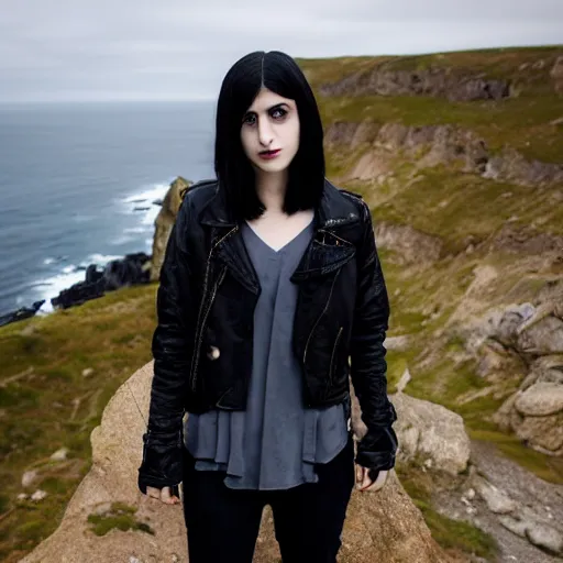 Image similar to 1 7 - year - old pale - skinned persian girl with black long bob cut, long hair, black gothic jacket, blue jeans, psychic girl, psychokinetic girl, standing on cliff along the irish coast, overcast gray skies, ultra - realistic, sharp details, subsurface scattering, intricate details, cold lighting, highly detailed, photorealistic, octane render, 8 k unreal engine