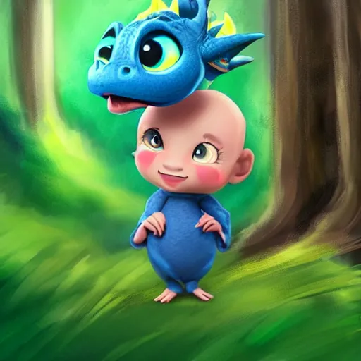 Image similar to very very very very cute chibi baby dragon, portrait, pixar style, forest background