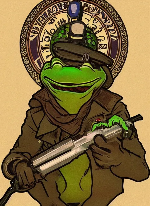 Image similar to anthropomorphic frog police officer. renowned character illustration by alphonse mucha. trending on artstation.