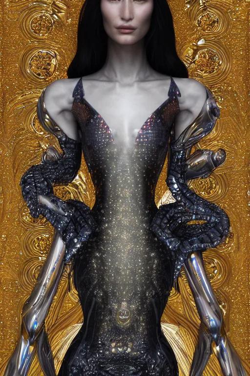 Image similar to a highly detailed metahuman 4 k render of an alien lsd goddess bella hadid in iris van herpen dress schiaparelli in diamonds swarovski and jewelry in style of alphonse mucha gustav klimt trending on artstation made in unreal engine 4