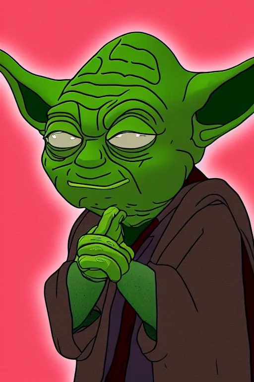 Prompt: portrait of master yoda in style of rick and morty, lightsaber, 2 d cartoon, digital art