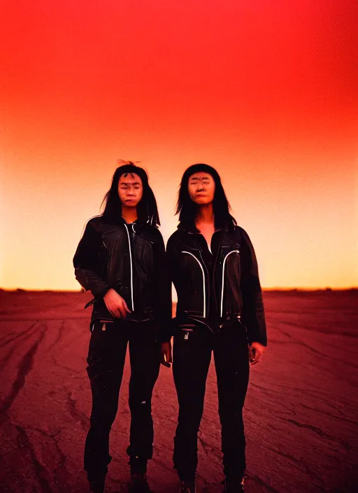 Image similar to cinestill 5 0 d photographic portrait of two loving clones, women wearing rugged black techwear on a desolate plain with a red sky, extreme closeup, diverse species, cyberpunk, in front of a brutalist dark metal facility, dust storm, 3 5 mm, 8 k, f / 3 2, high resolution, ultra realistic faces, beautiful faces