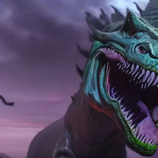 Image similar to cinematic shot of the joker riding on a t - rex in the wild, 8 k, very detailed,