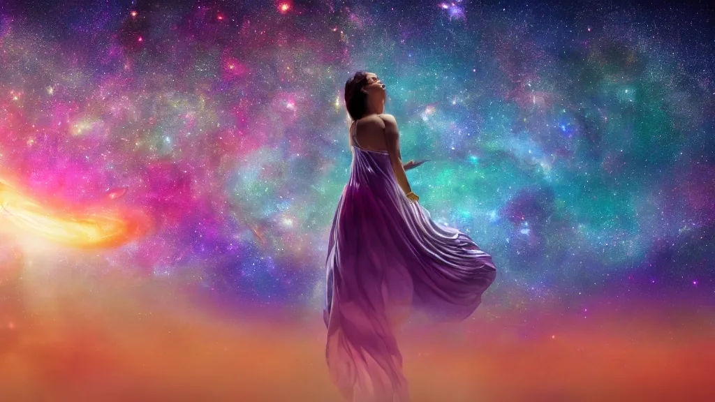 Image similar to goddess is having an existential crisis when she saw how vast the colorful galaxy is, gracefully flowing billowing white silk, golden ratio, milky way, stars and planets, cinematic, dark 8 k render