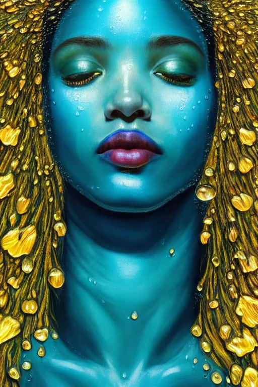 Image similar to hyperrealistic precisionist cinematic profile very expressive! oshun goddess, in water! john everett millais, mirror dripping droplet!, gold flowers, highly detailed face, digital art masterpiece, smooth eric zener cam de leon, dramatic pearlescent turquoise light on one side, low angle uhd 8 k, shallow depth of field