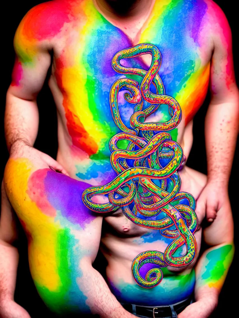 Prompt: a perfect portrait of a man standing, proudly displaying his four dimensional hyperbolic rainbow tattoos that extrude, protude and extend outwards and around his body like grasping prehensile tendrils tentacles and snakes, perfect studio lighting.