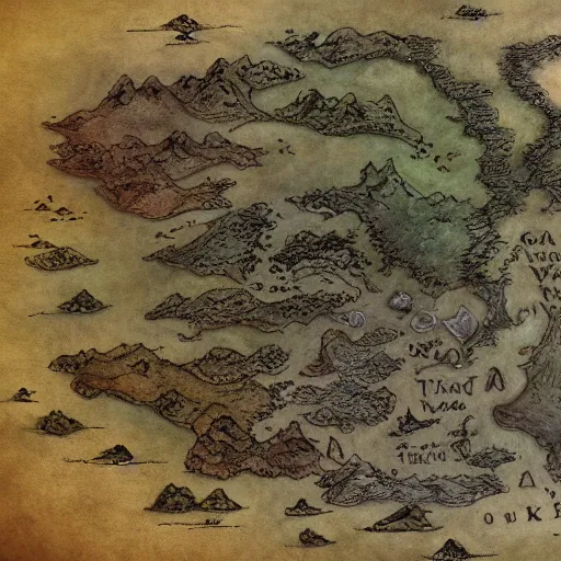 Prompt: simple fantasy map, the land of Odrua, a single island, by JRR Tolkien and Brian Froud, Vatican Map Room, fantasy concept painting, Magic The Gathering Art, trending on art station, showing kingdoms, cities roads lakes and rivers baroque frame border