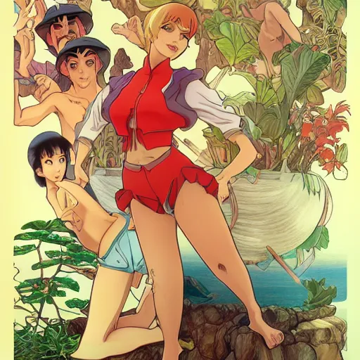 Image similar to gilligan's island anime frame by hayao miyazaki, art by stanley lau and artgerm and magali villeneuve and alphonse mucha, artstation, octane render, cgsociety