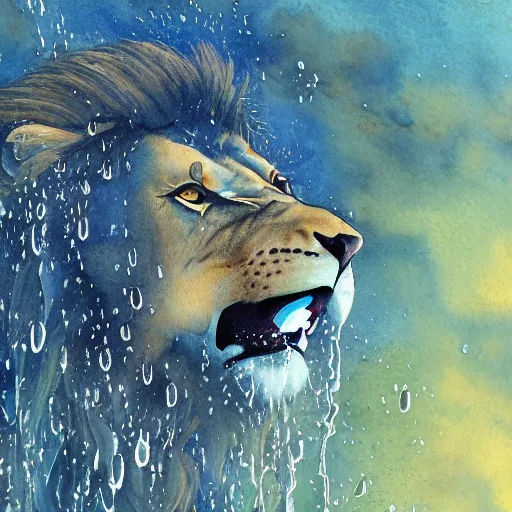 Image similar to a male lion's face breaching through a wall of water, water sprites, splashing, deep blue water color, highly detailed