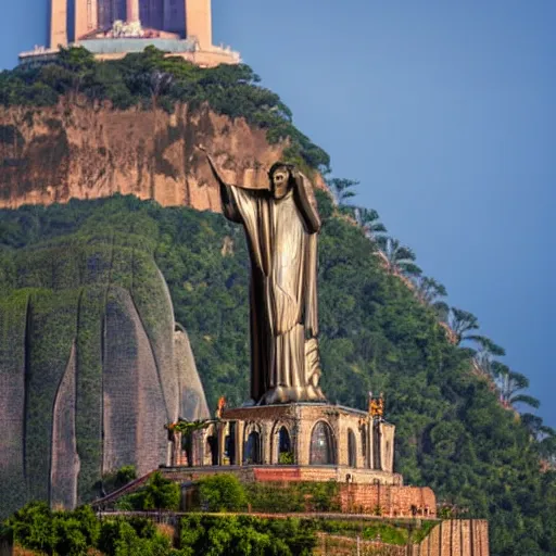 Image similar to high quality portrait of a monkey in front of Christ The Redeemer, studio photograph, photograph, realistic photo, 8k photo, 4k photo, stock photo, high resolution, cinematic shot, high detail