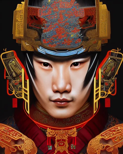 Image similar to portrait of a chinese masculine male cyberpunk machine, machine face, upper half portrait, decorated with chinese opera motifs, muscular, asian, fine china, wuxia, traditional chinese art intricate intense elegant 京 剧 highly detailed digital painting artstation concept art smooth sharp focus illustration, art by artgerm and greg rutkowski alphonse mucha 8 k