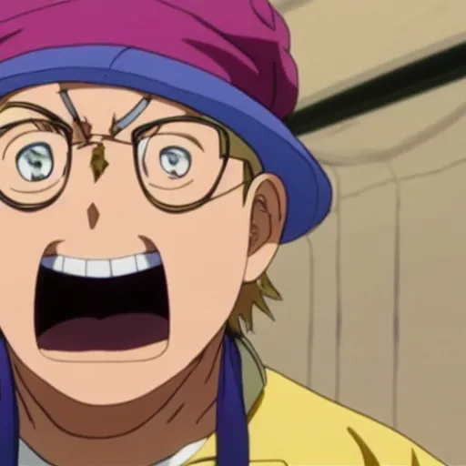 Prompt: A still of Jonah Hill with blonde hair wearing a tie dye t-shirt and a hat in One Piece Anime Series