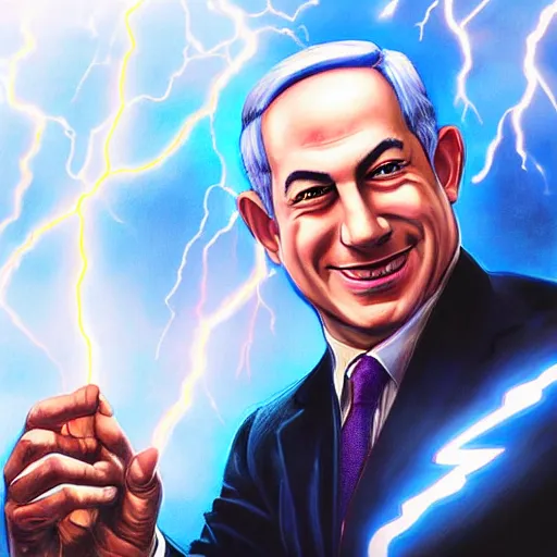 Image similar to portrait of benjamin netanyahu grinning while holding many lightning bolts, villain art, by artgerm