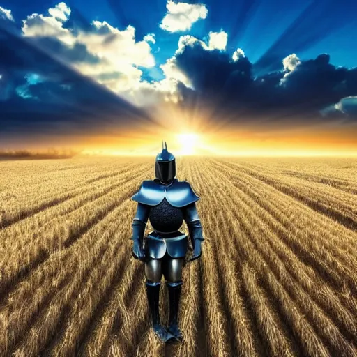 Image similar to a knight in armor standing in a wheat field at sunset with god rays of sun shining through clouds