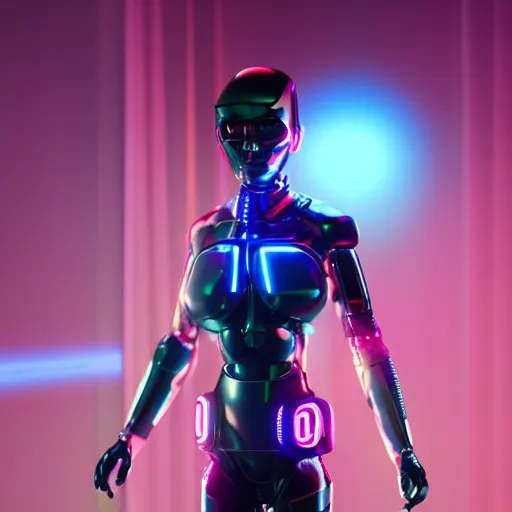 Image similar to japanese model cyborg with digital led skin, neon lighting, techno neon projector background, portrait photo, unreal engine 5, depth of field, bokeh, octane render