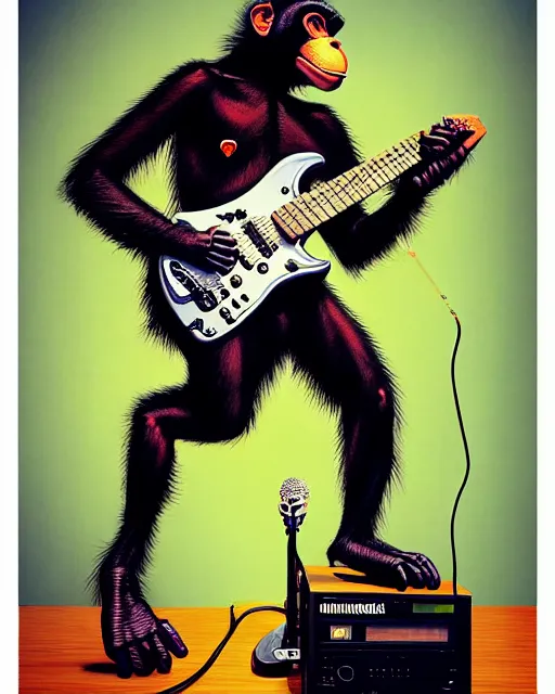 Image similar to a portrait of an anthropomorphic cyberpunk chimp shredding an electric guitar and singing into a microphone on a stand by sandra chevrier, by jon foster, detailed render, tape deck, epic composition, cybernetics, 4 k realistic, cryengine, realistic shaded lighting, sharp focus, masterpiece, by enki bilal