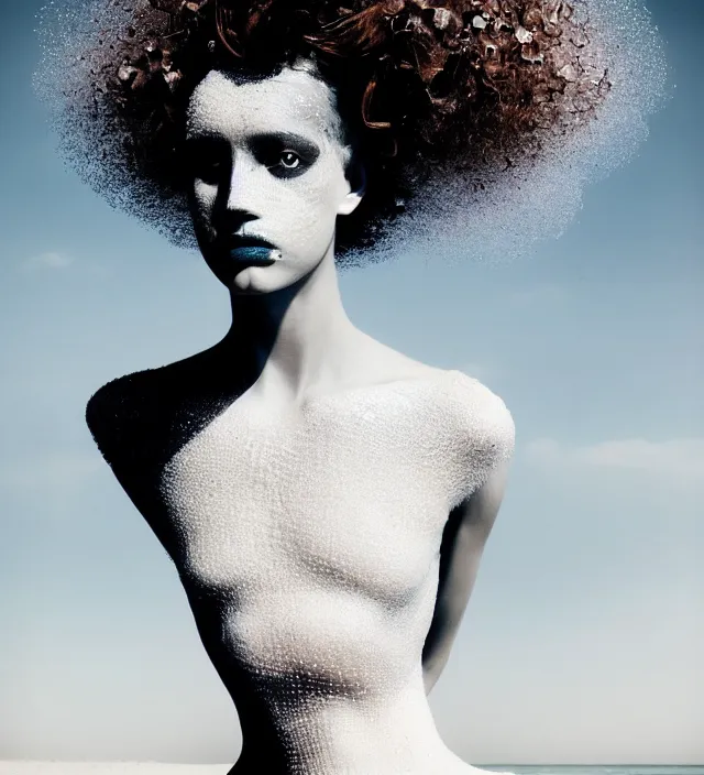 Prompt: photography face portrait of one stunning woman in white beach ocean, dress by iris van herpen, creative colorfull - makeup, curly hair style halflong, photography by paolo roversi nick knight, helmut newton, avedon, and araki, sky forest background, natural pose, highly detailed, skin grain detail