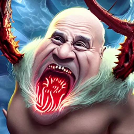 Prompt: demon danny devito, glowing white spiky hair, veiny flesh, in hell, hd