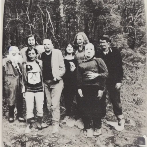 Image similar to really old polaroid photograph of horrorific extraterrestrial beings visiting earth,