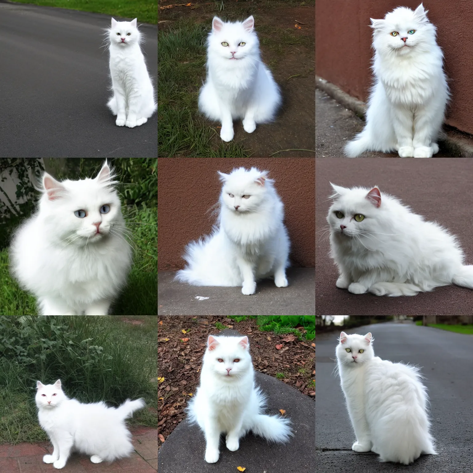 Prompt: three legged fluffy white cat