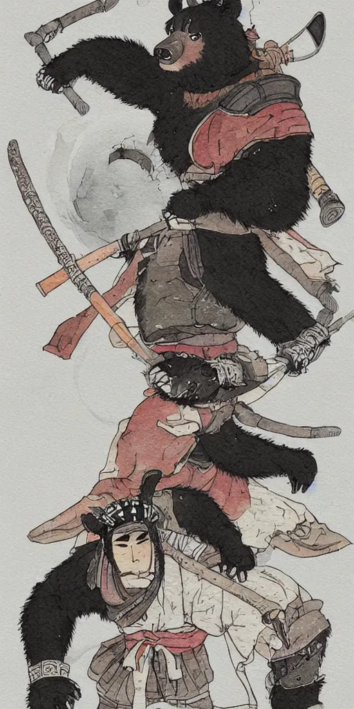 Prompt: anthropomorphic, half man half asian black bear, black bear samurai, Moon Bear Samurai, epic, samurai, illustration, watercolor, in the style of Studio Ghibli, Hayao Miyazak