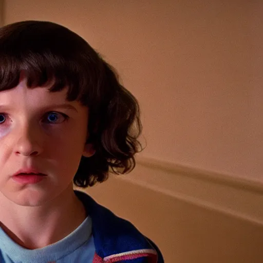 Image similar to A still of Eleven from Stranger Things giving the Kurbick stare in The Shining (1980)