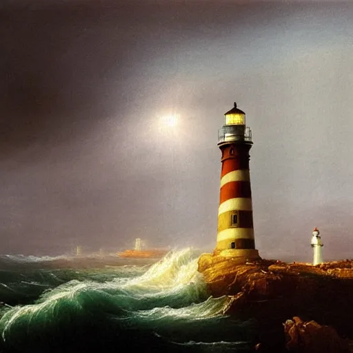 Image similar to painting of light house rocky coast stormy seas night time lighthouse illuminating the dark volumetric lighting in the style of thomas cole course of empires