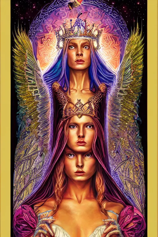 Image similar to beautiful tarot card of the queen of dreams by carol bak and alex grey and dan mumford, oil on canvas, intricate, border, symmetrical, portrait, 8k highly professionally detailed, HDR, CGsociety