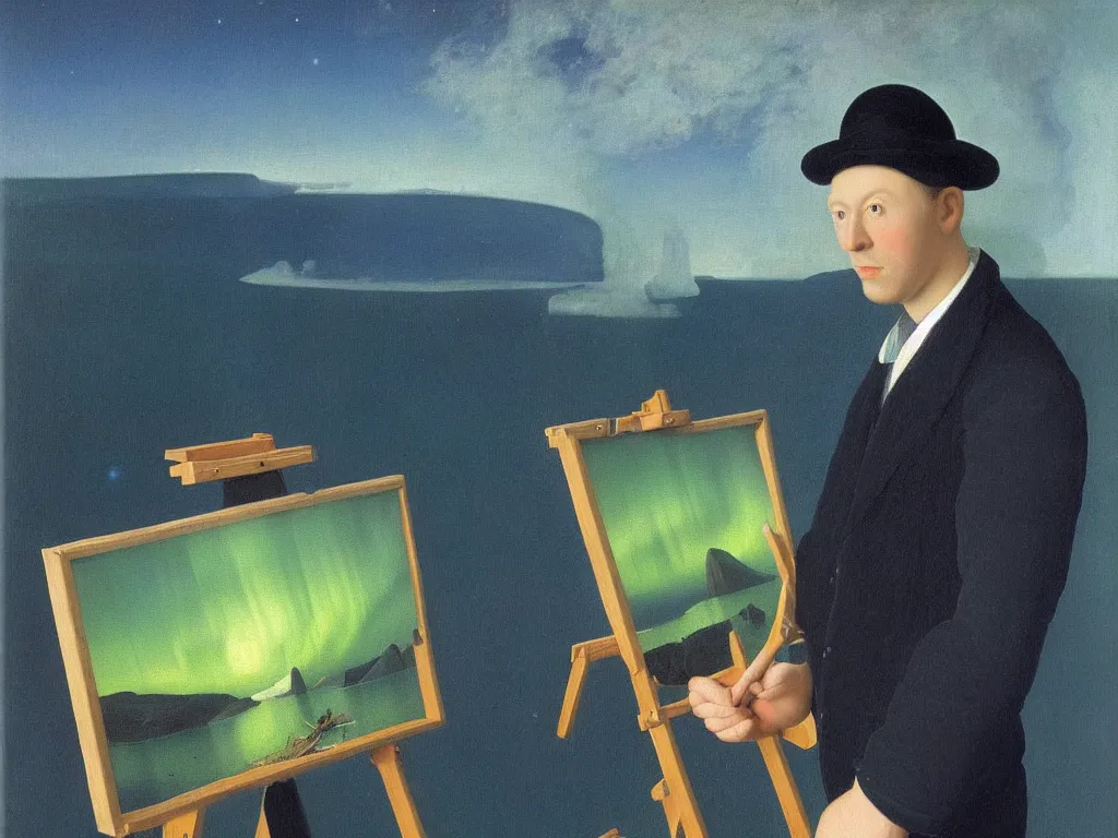 Prompt: portrait of a young painter at his easel, canvas. landscape with iceberg, aurora. painting by jan van eyck, rene magritte, agnes pelton