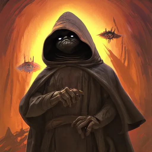 Prompt: portrait of hooded an angry evil yoda as a dark sith, overwhelming energy, detailed background by m. w. kaluta, dark side, volumetric light, floating molecules, digital painting, oil painting, artwork by ralph mcquarrie + cory loftis + paul lehr + ian mcque + eddie mendoza