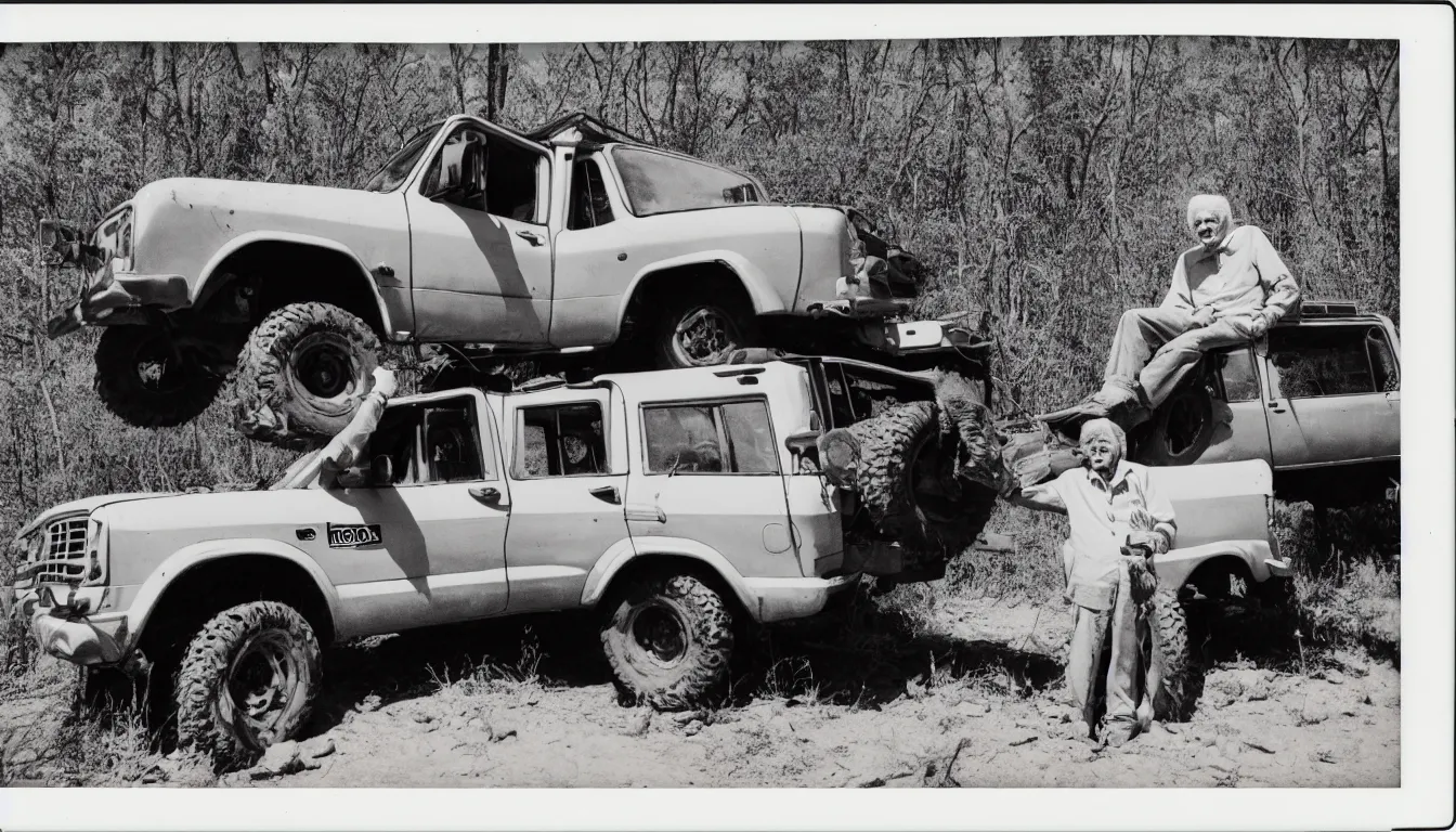 Image similar to old, scratched polaroid picture of old white haired man posing near his extremely lifted offroad suv very detailed, 8 k