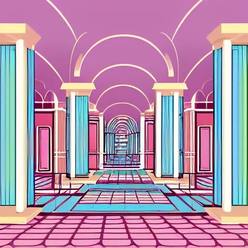 Prompt: art deco illustration of a mall atrium in pastel colors