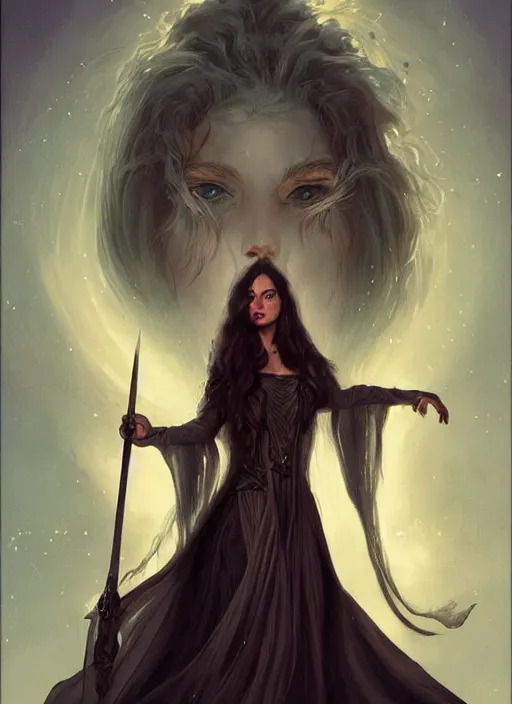 Prompt: tarot!!, pale, beautiful witch with long hair, fantasy medieval, no noise, elegant, concept art, sharp focus, beautiful face!!, digital art, smooth defined outlines!!, by Brom, trending on Artstation, Tom Bagshaw, Sargent