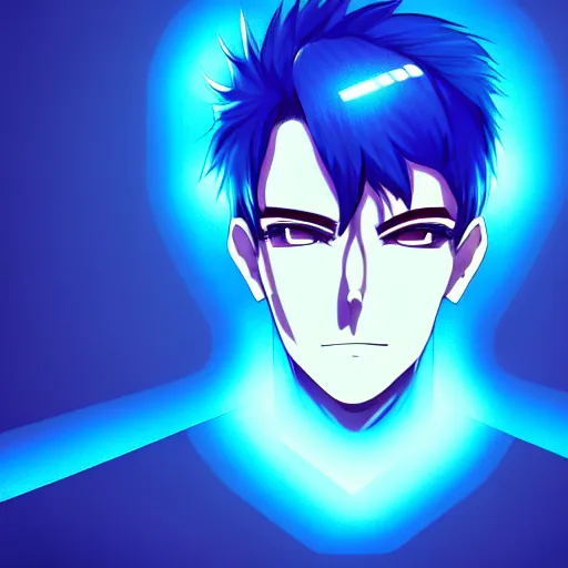 Image similar to a highly detailed portrait of a man with navy blue hair and blue glowing eyes, blue transparent cubes in backround, high detail clothing, concept art, anime, artstation, professional drawing