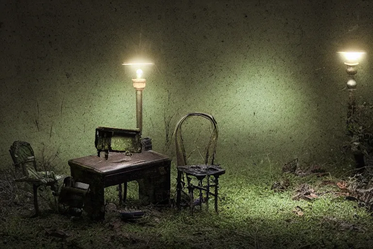 Prompt: diorama of scattered items, spooky, eerie, green lighting, depth of field, walter wick and jean marzollo