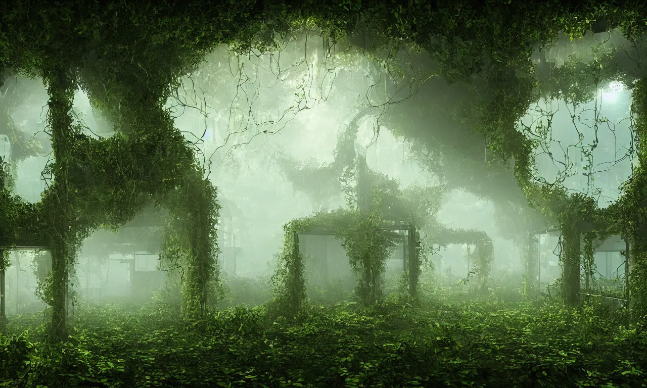 Prompt: A old abandoned control room overgrown with vines, ivy, moss, and vegetation with computers still functioning with lit screens and lights with a large viewing window into the fog, abandoned, realistic volumetric lighting, golden hour, realistic reflections, 4k wallpaper