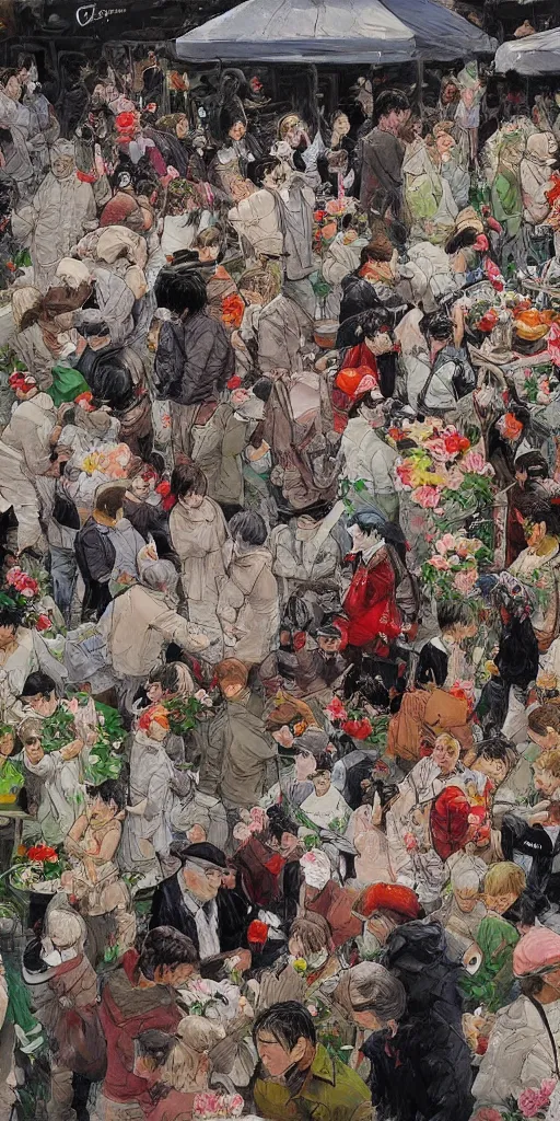 Image similar to oil painting scene crowd from blooming garden by kim jung gi