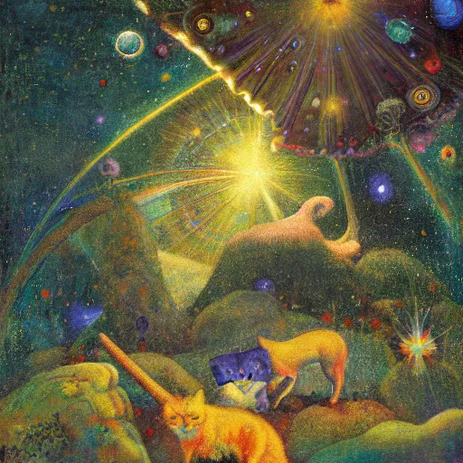 Image similar to psychedelic small cats hidden lush pine forest, outer space, milky way, designed by arnold bocklin, jules bastien - lepage, tarsila do amaral, wayne barlowe and gustave baumann, cheval michael, trending on artstation, star, sharp focus, colorful refracted sparkles and lines, soft light, 8 k 4 k