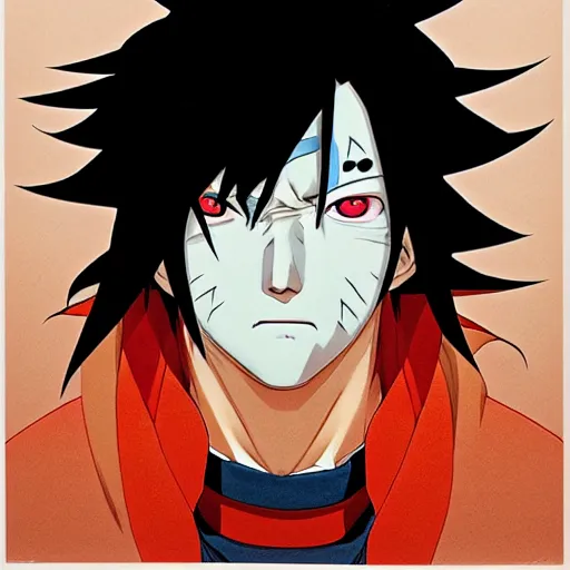 Image similar to prompt : madara uchiha portrait soft light painted by james jean and katsuhiro otomo and erik jones, inspired by akira anime, smooth face feature, intricate oil painting, high detail illustration, sharp high detail, manga and anime 1 9 9 9