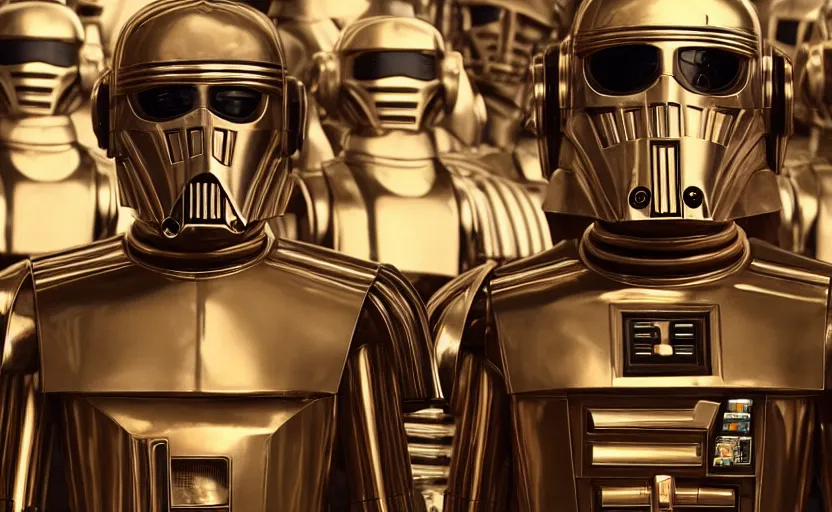 Image similar to screenshot portrait of Luke Skywalker with a fleet of chrome C-3P0 droids, iconic scene from 1980s film by Stanley Kubrick, 4k, cinematic still frame, surreal sci fi architecture, portrait photoreal Mark Hammill, detailed face, moody lighting, anamorphic lenses, stunning cinematography, hyper detailed, sharp, 4k, HD